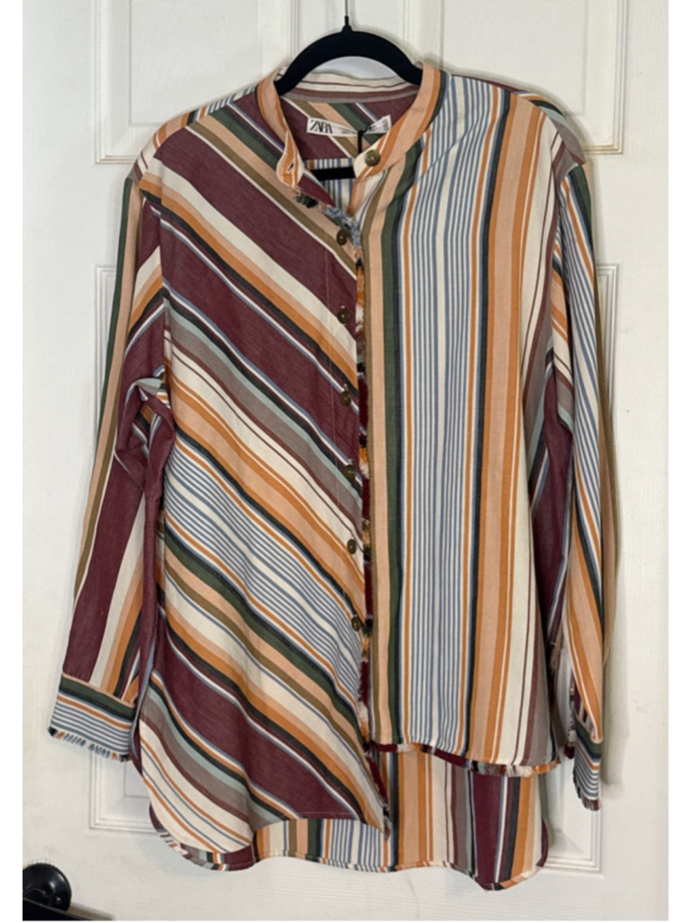 ZARA Striped Button Down Shirt L Brown Orange - Picture 2 of 7